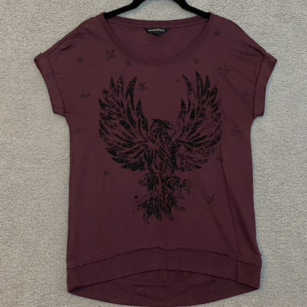 Rock & Republic Graphic Short Sleeve Top Shimmer Eagle Stars XS